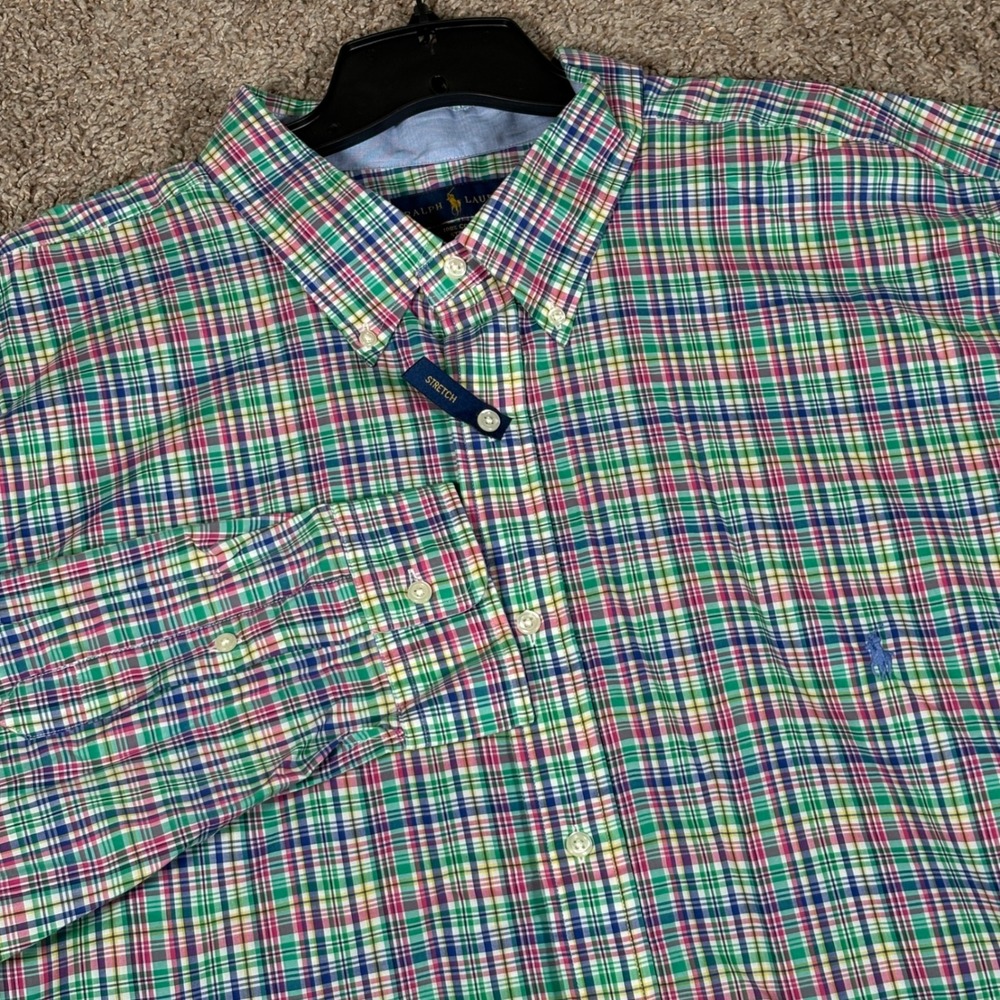 Ralph Lauren Mens 4XLT Plaid Button Down Shirt Multi Color Cotton Stretch Logo
